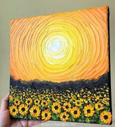 a painting of sunflowers in front of an orange and yellow sky with swirly clouds