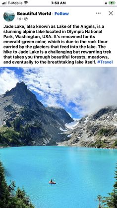 a person in a kayak on the water with mountains and clouds behind them, text reads beautiful world follow