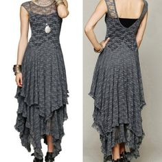 Bohemian Asymmetrical Layered Lace Dress. Backless In Back V Neck , Layered Ruffles, Irregular Hem, Maxi A Line Dress. Floral Pattern Sleeveless Slim Fit Elegant And Romantic Long Dresses. Suit For Prom, Boho Lace Maxi Dress, Slip Wedding Dress, Dark Mori, Boho Mode, Boho Layering, Trendy Wedding Dresses, Mode Boho, Lace Dress Vintage