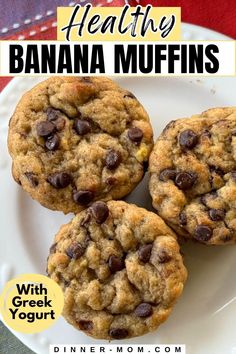 three chocolate chip banana muffins on a white plate with the title above it