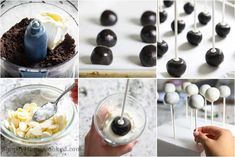 four pictures showing different types of chocolates and marshmallows in bowls, including cake pops