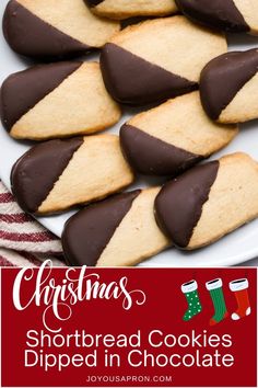 christmas shortbread cookies dipped in chocolate on a plate