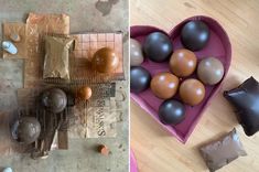 there are chocolates and eggs on the floor next to each other in a heart shaped bowl