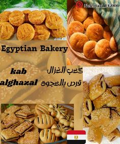 several different types of breads and pastries with the words egyptian bakery written in arabic