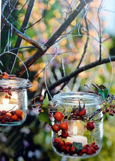 two mason jars filled with berries and candles hanging from a tree branch in the fall