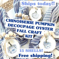 this is an image of a blue and white fall craft kit with pumpkins on it