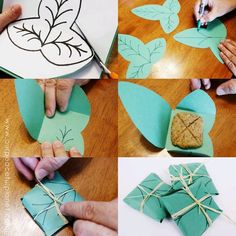 four pictures showing how to make paper flowers