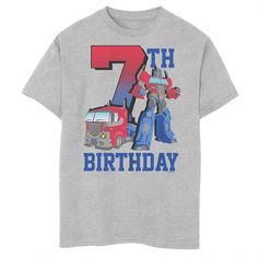 a gray birthday shirt with an image of opt prime and transformer on the front