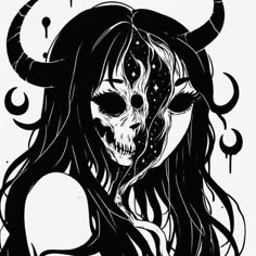 a black and white drawing of a woman with horns on her head, in the shape of a skull