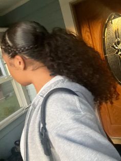 #fashion #hairstyle #curly 2 Braids And Curls, 2 Braids With Ponytail Natural Hair, 2 French Braids With Curly Ponytails, 2 Braids Into A Ponytail Natural Hair, Natural Curls Ponytail, 2 French Braids Into Ponytail Hairstyles, Two Braids Into Curly Ponytail, Curly Softball Hairstyles, Short Hair Curly Ponytail