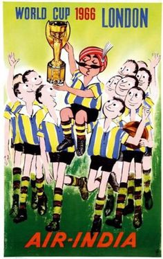 an advertisement for the world cup in london, featuring children with their arms up and holding a trophy