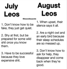 a poster with the words july leos and august leos