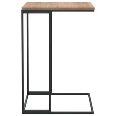 the side table is made from metal and wood, with a square wooden top on one end