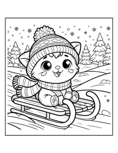 a cartoon cat riding on a sled in the snow