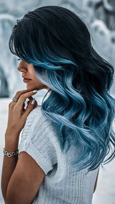 Cosmic Blue Hair, Dark Hair Color Ideas For Blue Eyes, Vibrant Hair Color Ideas Brunettes, Blue Black Balayage, Black And Dark Blue Hair, Dark Blue Highlights In Brown Hair, Black Hair Balayage Highlights, Fun Dark Hair Color Ideas, Fun Hair Color Ideas For Brunettes