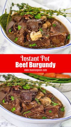 instant pot beef burgundy in a white bowl with green garnish