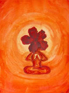 a painting of a flower in a vase on an orange background