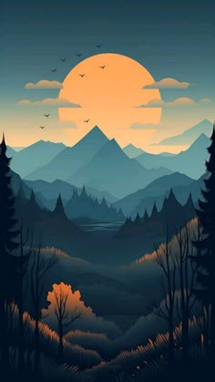 the sun is setting over mountains with trees and birds flying in the sky above it