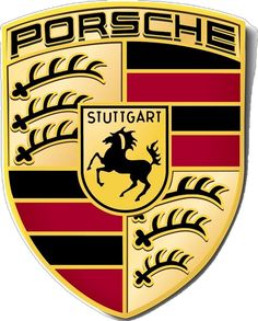 the porsche logo is shown in gold and black with red stripes, on a white background