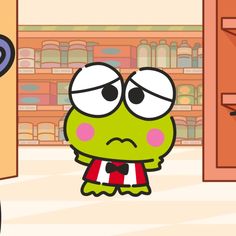 a cartoon frog with big eyes and a scarf around his neck standing in front of shelves