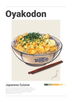 an image of a bowl of food with chopsticks next to it and the words oyakodon written in japanese