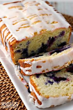 two slices of blueberry pound cake on a plate