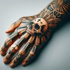 a hand with a skull and cross tattoo on it