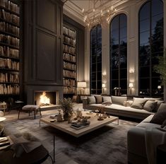 a living room filled with lots of furniture and a fire place in the middle of it