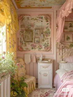 a bedroom with pink walls and floral wallpaper