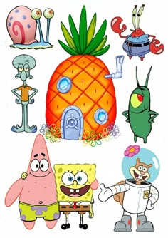 spongebob and other cartoon characters are depicted in this image, including an orange pineapple