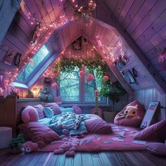 an attic bedroom decorated in pink and purple with fairy lights on the ceiling, bedding and pillows