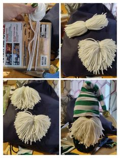 four pictures show how to make a wizard hat out of tassels and yarn