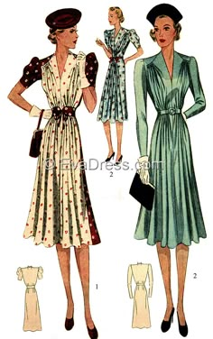 "Originally from Simplicity, 'A new high in fashion are these frocks. The V-necked bodice and skirt are in one, cut bias in front and straight in back. Back laps over front at shoulders to give a yoke effect. Style 1 is a dramatic contrast, fullness is held at waist by wide a belt; short sleeves. Style 2 may have its fullness taken by a cluster of shirring at waistline; or be held with a belt. Sleeves are long or short. Side zipper placket; sleeve stiffening for short sleeves'. 3/4\" seams are g Blithe Spirit, Zipper Placket, Cute Coats, 30s Fashion, Vintage Dress Patterns, 1930s Fashion, 1940s Fashion, Fashion Plates, Mode Vintage