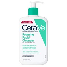 eveloped with dermatologists, CeraVe Foaming Facial Cleanser has a unique formula with three essential ceramides (1, 3, 6-II) that cleanses and removes oil without disrupting the protective skin barrier. Gentle foaming action refreshes and cleanses skin, including removing excess oils and makeup, without over-stripping the skin or leaving the skin feeling tight and dry. This gel-based foaming cleanser is an effective yet non-irritating way to cleanse and care for normal to oily skin. This face wash is formulated with three essential ceramides, hyaluronic acid, and niacinamide. Face Wash For Oily Skin, Cerave Cleanser, Cerave Skincare, Daily Face Wash, Clear Gel, Acne Cleansers, Foaming Facial Cleanser, Foaming Face Wash, Skin Cleanse