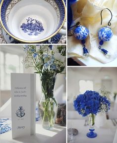 blue and white flowers are in vases, cards, and other items