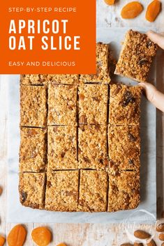 the recipe for apricot oat slice is shown with almonds around it