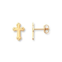 These detailed cross earrings for young teens are a sweet way to express faith. Fashioned in 14K yellow gold, the stud earrings fasten with friction backs. Jewelry Advice, Jared The Galleria Of Jewelry, Dope Jewelry, Jewelry Lookbook, Cross Earrings, Jewelry Inspo, Dream Jewelry, G Shock, Ear Jewelry