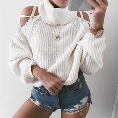 Material:Woolen Invest in Alamode's Bestsellers this Season. Add to your Wardrobe Today.  Happy Shopping White Sweater Top, White Cropped Sweater, Plain Sweaters, Chic Type, Winter Pullover, High Neck Sweater, Cold Shoulder Sweater, Bare Shoulders, Off Shoulder Sweater