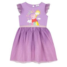 Embracing the joy of Peppa Pig's world, this Peppa Party Dress is a hit for any young fan. Its striking design features Peppa in a beautiful scene with a rainbow, clouds, and the sun, creating a portrait of happiness. The word "smile" sparkles above in multicolored glitter, spreading joy with every look. The ensemble is complete with a glittery tulle skirt and playful ruffles at the shoulders, plus a glitter waistband to make this delightful dress pop. Ideal for parties, playdates, or any occasi Peppa Pig Clothes, Clothes For Birthday, Rainbow Dress Girl, Peppa Pig Dress, Peppa Pig Outfit, Pig Clothes, Peppa Party, Toddler Summer Dresses, Pig Dress