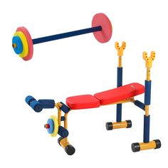 an exercise bench with two dumbbells and one pull up bar