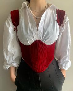 #corset Sando Outfit, New Wave Outfits, Brooklyn Outfit, Corset Pants, Red Corset, Outfit Planning, Fashion Boy, Blue Pants, Pant Shirt