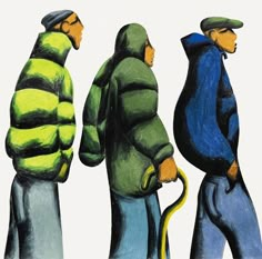 three men are walking down the street in winter coats and hats, one is holding a hose