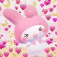 a pink bunny is standing in front of many hearts and stars with her eyes closed