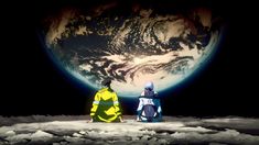 two people sitting on the moon looking at the earth