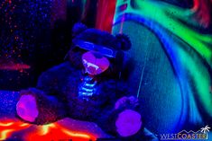 a black teddy bear wearing sunglasses sitting in front of a wall with colorful lights on it