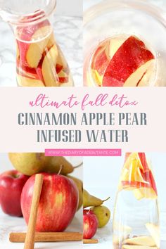 cinnamon apple pear infused water with apples in the background and text overlay that reads, instant pelleter