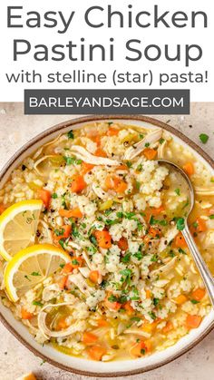 a bowl of chicken pasta with lemons and parmesan cheese on the side