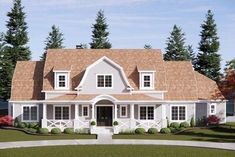 this is an artist's rendering of a house in the country style with white trim and brown shingles