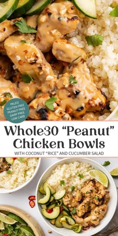 whole 30's peanut chicken bowls with coconut - rice and cucumber salad