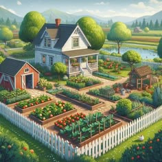 a painting of a farm house and vegetable garden